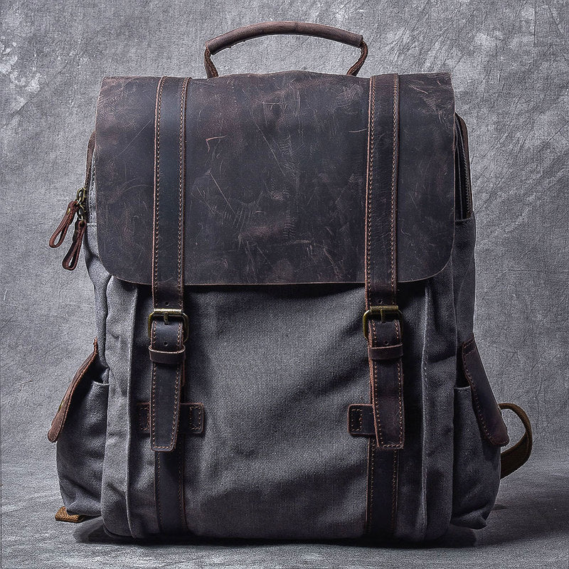 Cool Canvas Leather Mens Womens 15" Khaki Backpack Gray Travel Backpack College Backpack for Men - iwalletsmen