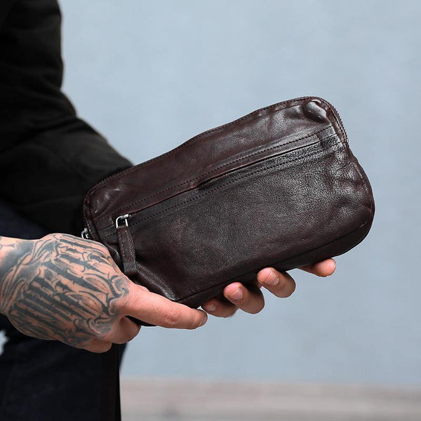 Cool Black Leather Mens Long Wallets Large Double Zipper Clutch Wallet Coffee Vintage Clutch Purse For Men - iwalletsmen