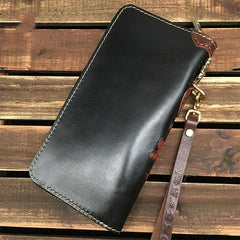 Black Handmade Tooled Ganasha Leather Long Biker Wallet Chain Wallet Clutch Wallet For Men - iwalletsmen