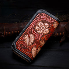 Handmade Leather Mens Clutch Wallet Cool Floral Tooled Wallet Long Zipper Wallets for Men
