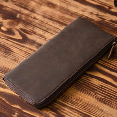 Handmade Leather Mens Cool Long Leather Wallet Zipper Clutch Wallet for Men