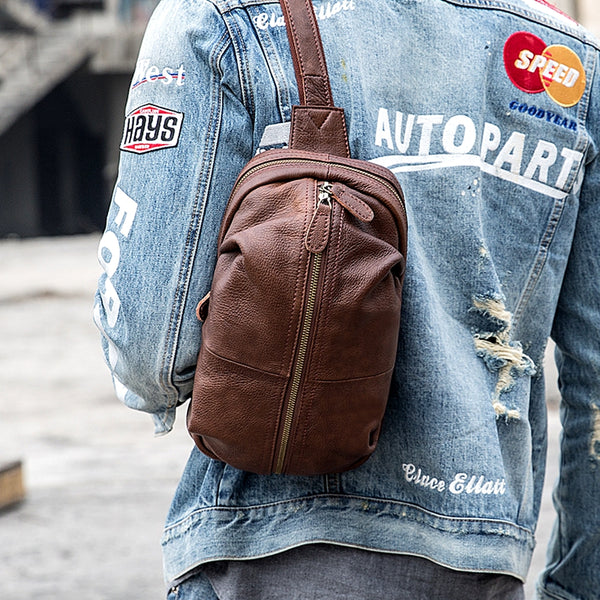 Handmade Brown Leather Mens Sling Bag Sling Pack Chest Bag Black One Shoulder Backpack for Men - iwalletsmen