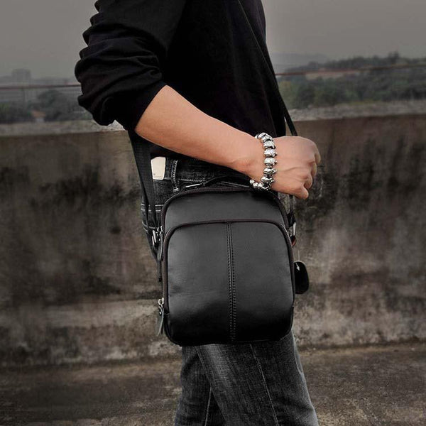 Casual Black LEATHER MENS SMALL VERTICAL Postman BAG SIDE BAG Cool COURIER BAG MESSENGER BAG FOR MEN - iwalletsmen
