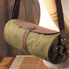Gray Canvas Leather Mens Green Barrel Postman Bag Bucket Messenger Bag Side Bag For Men - iwalletsmen