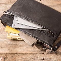 Black Cool Leather Mens Wristlet Bag Clutch Black Slim Messenger Bag Side Bag for Men - iwalletsmen