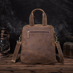 Leather Mens Vertical Work Bag Handbag Brown Vertical Small Briefcase Shoulder Bag For Men - iwalletsmen