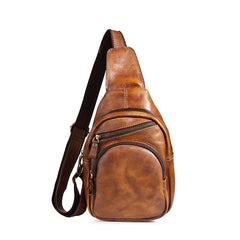 Tan Cool LEATHER MENS 8 inches Sling Bag One Shoulder Backpack Brown Chest Bag For Men - iwalletsmen