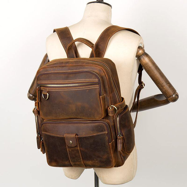 Dark Brown Mens Leather 15-inch Computer Backpacks Fashion Travel Backpacks School Backpacks for men - iwalletsmen