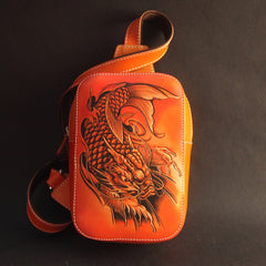 Cool Handmade Tooled Leather Dragon Carp Sling Bag Chest Bag One Shoulder Backpack For Men - iwalletsmen