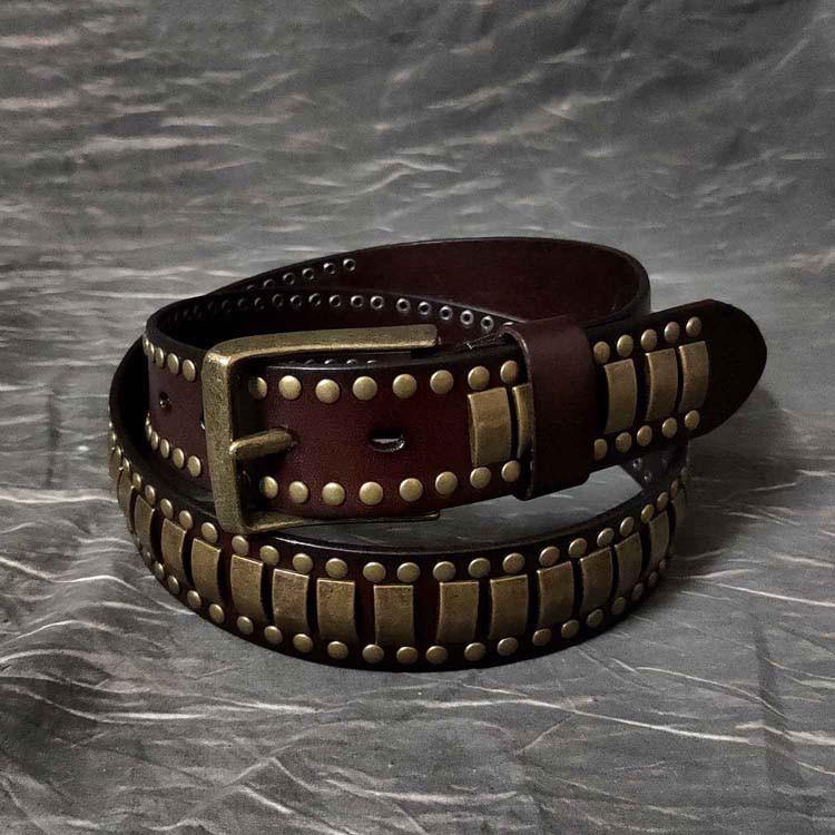 Black Fashion Leather Metal Rock Belt Motorcycle Belt Brown Punk Leather Belt For Men - iwalletsmen