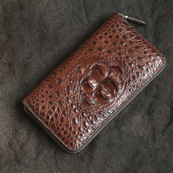 Brown Crocodile Leather Mens Black Zipper Bifold Long Wallet Black Clutch Wallet For Men - iwalletsmen
