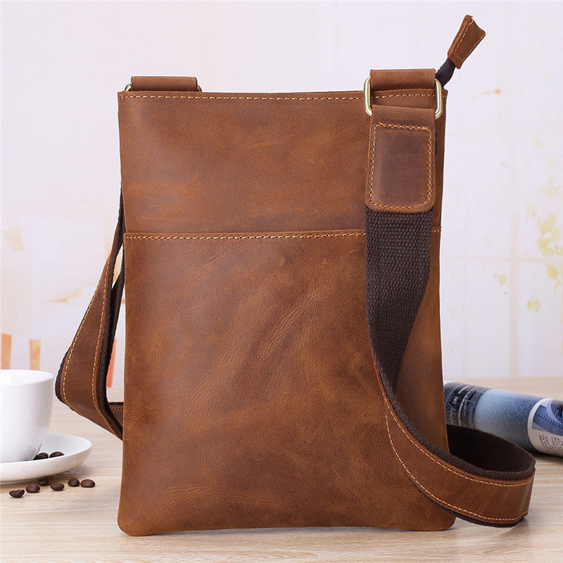 Dark Brown Leather Small Zipper Messenger Bag Vertical Side Bag Brown –  imessengerbags