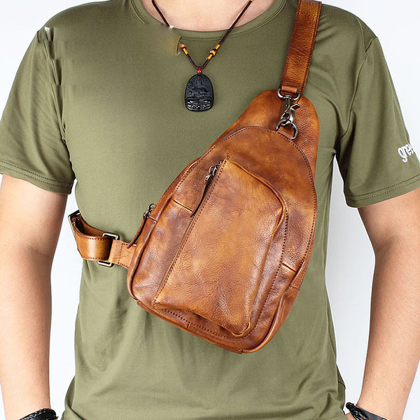 Cool Brown MENS LEATHER Sling Bag Chest Bag Coffee One Shoulder Backpack For Men - iwalletsmen