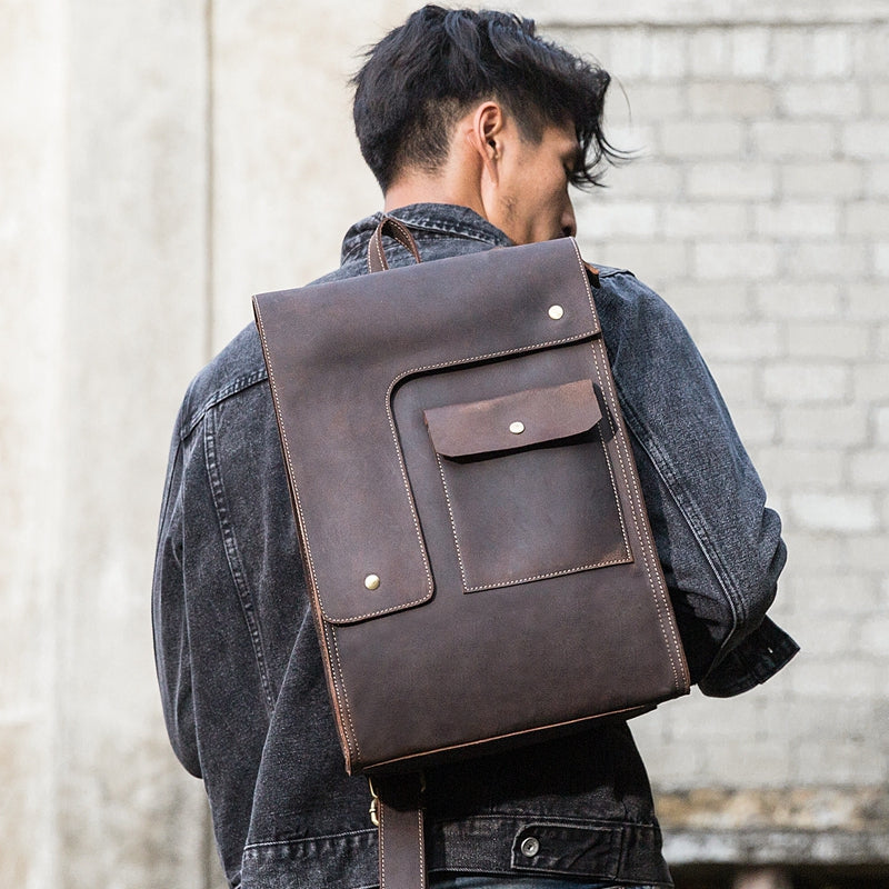 Black Leather Men's 13 inches Large Work Computer Backpack Black Large Travel Backpack Black Large College Backpack For Men - iwalletsmen
