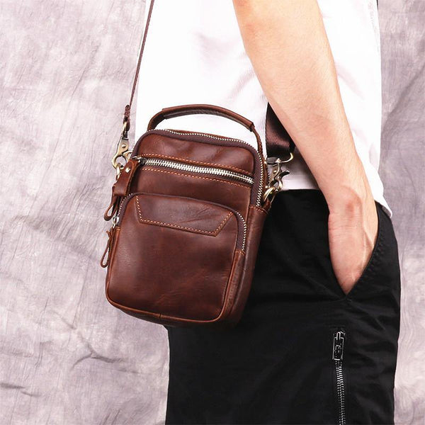 Brown Leather Men's Vertical Small Courier Bag Belt Pouch Mini Messenger Bag Belt Bag For Men - iwalletsmen