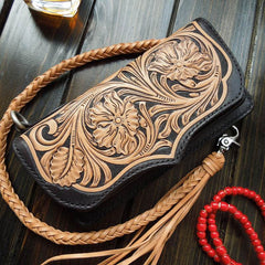 Handmade Leather Biker Wallet Tooled Floral Mens Cool Chain Wallet Trucker Wallet with Chain