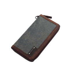 Casual Black Canvas Leather Men's Long Wallet Bifold Around Zip Wallets Clutch Purse For Men - iwalletsmen