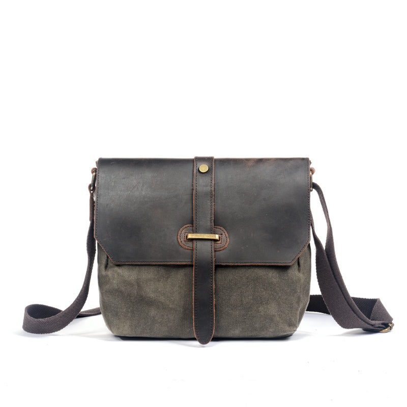 Waxed Canvas Leather Gray Mens Small Side Bag Green Shoulder Bag Messenger Bag For Men - iwalletsmen