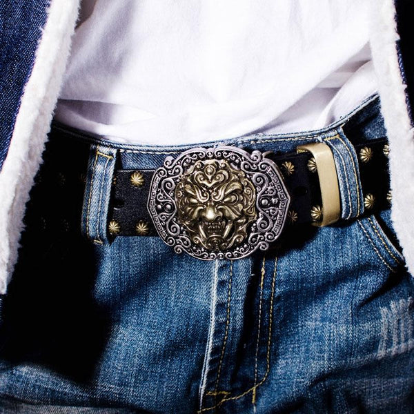 Handmade Genuine Leather Punk Rock Chinese Monster Mens Cool Men Biker Trucker Leather Belt