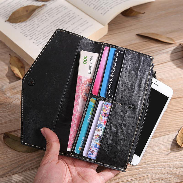 Casual Black Leather Men's Long Wallet Bifold Black Checkbook Wallet Clutch For Men - iwalletsmen