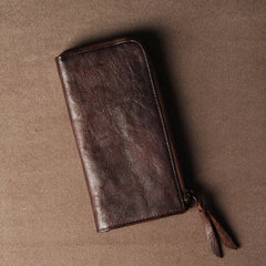 Genuine Leather Mens Cool Long Leather Wallet Cards Phone Zipper Clutch Wristlet Wallet for Men