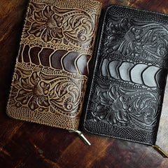 Handmade Leather Mens Tooled Floral Cool Zipper Phone Travel Long Wallet Card Holder Card Slim Clutch Wallets for Men