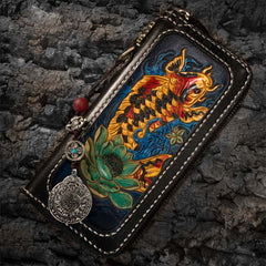 Handmade Leather Carp Mens Chain Biker Wallet Cool Leather Wallet Long Phone Wallets for Men - iwalletsmen
