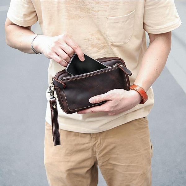 Vintage Dark Brown Leather Mens Phone Wallet Clutch Wallet Wristlet Bag Zipper Long Wallet For Men - iwalletsmen