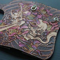 Handmade Leather Tooled Skull Mens Chain Biker Wallet Cool Leather Wallet With Chain Wallets for Men