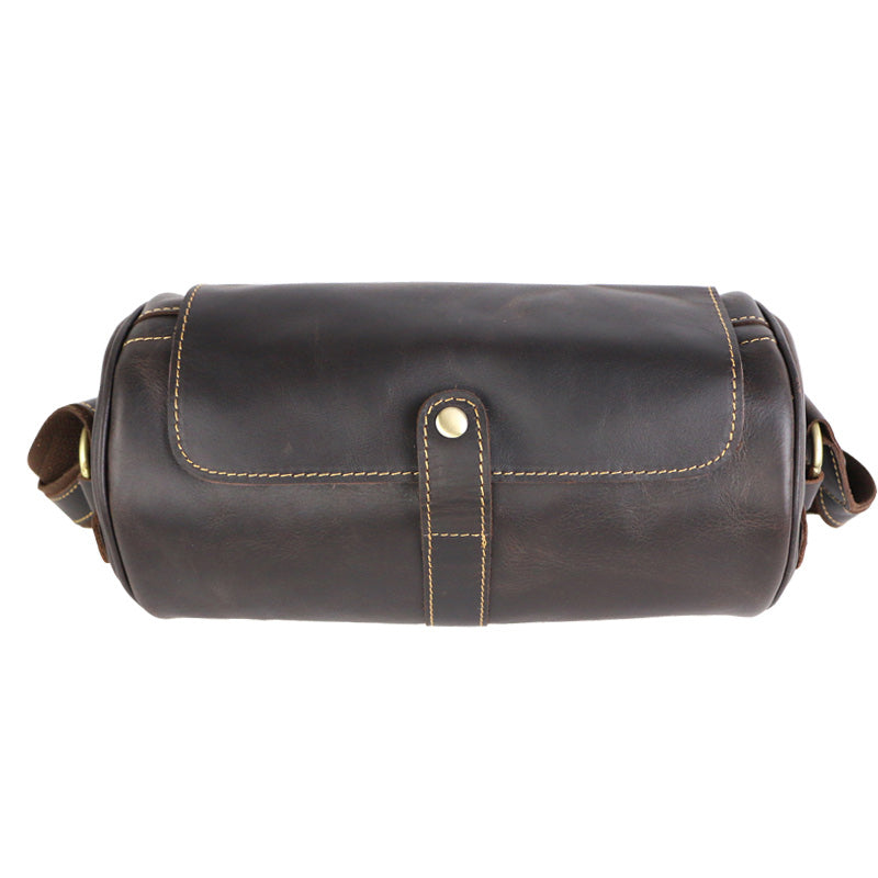 Brown Leather Mens Casual Bucket Shoulder Bag Barrel Messenger Bags Postman Bag For Men - iwalletsmen