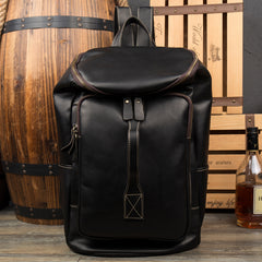 Black Fashion Mens Leather 15-inch Computer Barrel Backpack Brown Travel Bucket Backpacks School Backpacks for men - iwalletsmen