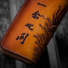 Handmade Leather Mens Clutch Wallet Cool Buddha&Demon Tooled Wallet Long Zipper Wallets for Men