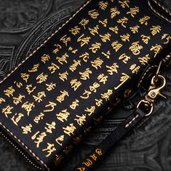 Handmade Leather Mens Chain Chinese Handwriting Biker Wallet Cool Leather Wallet Long Phone Wallets for Men