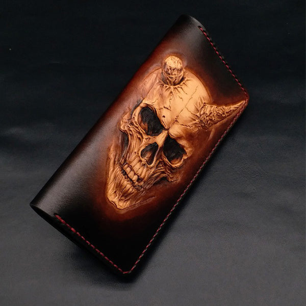 Dark Coffee Handmade Tooled Death Skull with Horn Leather Mens Bifold Long Wallet Clutch For Men - iwalletsmen