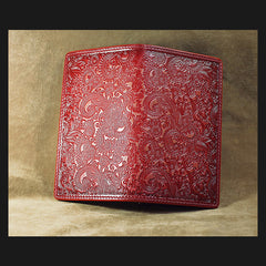 Handmade Leather Tooled Trifold Henna Floral Mens Long Wallet Cool Leather Wallet Clutch Wallet for Men