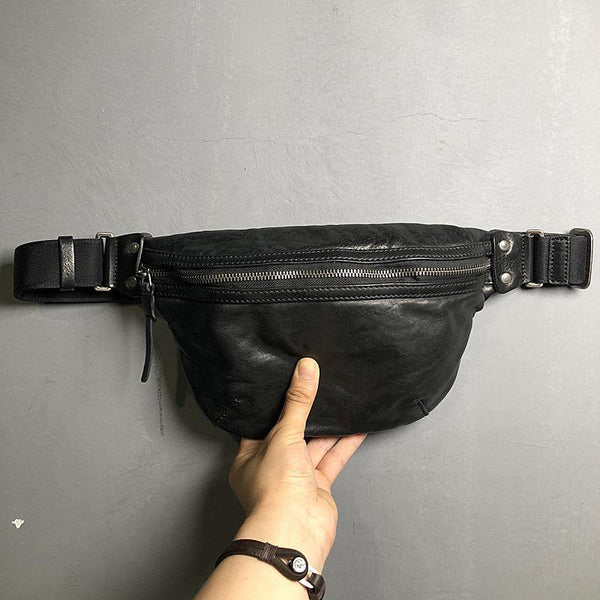 Black Cool Leather Men Small Fanny Pack Waist Bag Hip Pack Tan Belt Bag Bumbag for Men - iwalletsmen