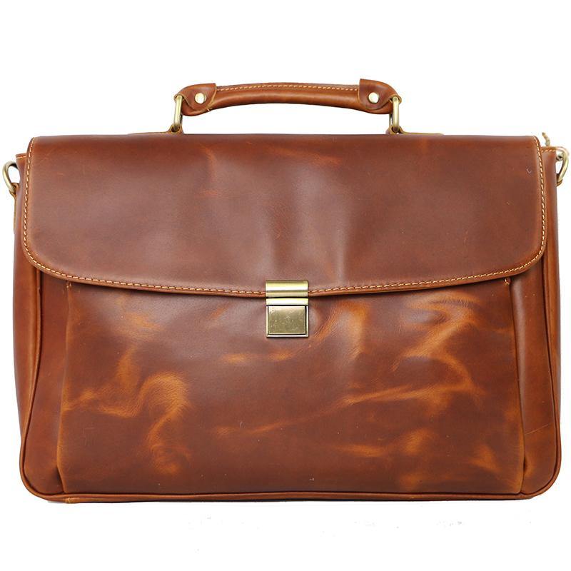 Vintage Light Brown Mens Leather Briefcase Work Handbags Brown 14'' Computer Briefcase For Men - iwalletsmen