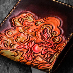Handmade Leather Chinese Lion Tooled Mens billfold Wallet Cool Leather Wallet Slim Wallet for Men