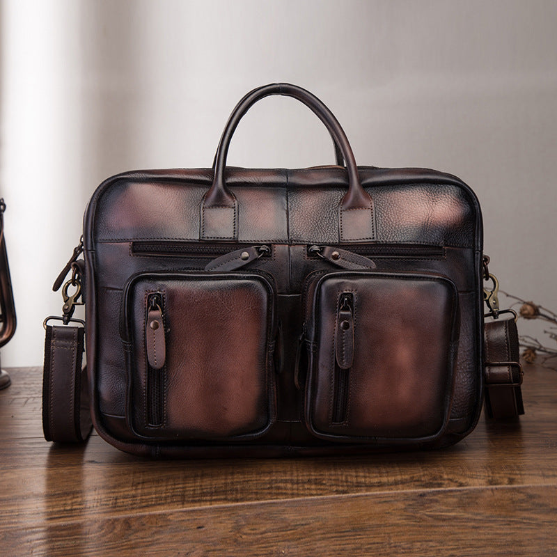 Vintage Brown Leather Men's Briefcase 14'' Computer Briefcase Professional Handbag For Men - iwalletsmen
