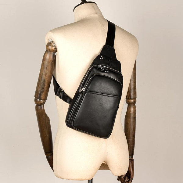 Black Leather Mens Cool Sling Bag Sling Pack Black Crossbody Packs Chest Bag for men - iwalletsmen
