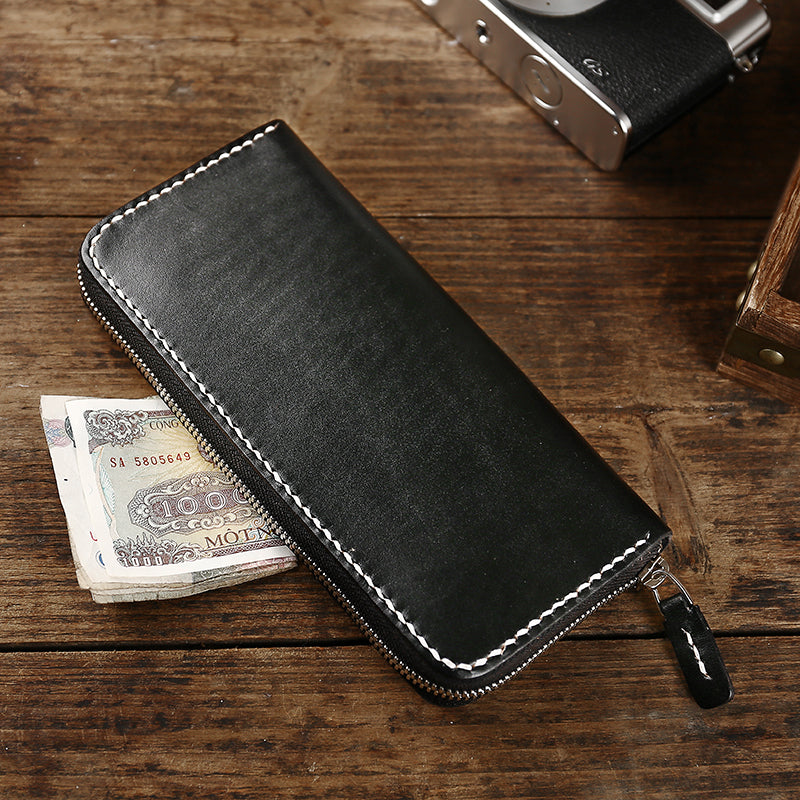Cool Leather Mens Black Long Wallet Brown Handmade Zipper Wallet Long Wallet For Men - iwalletsmen