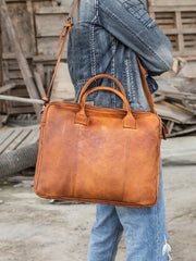 Vintage Brown Leather Mens 14 inches Briefcase Work Side Bag Brown Laptop Briefcase Business Bag for Men - iwalletsmen