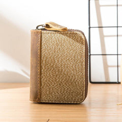 Gray Canvas Leather Mens Light Brown Small Wallets Zipper Bifold Card Wallet Coin Purse for Men - iwalletsmen