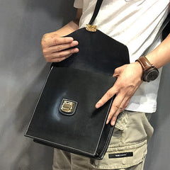 Business Black Leather Mens 10 inches Square Side Bag Messenger Bag Tan Postman Bag Courier Bag for Men - iwalletsmen
