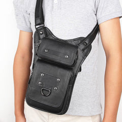 Black Leather Men's Sling Bag Shoulder Bag Chest Bag One Shoulder Backpack For Men - iwalletsmen