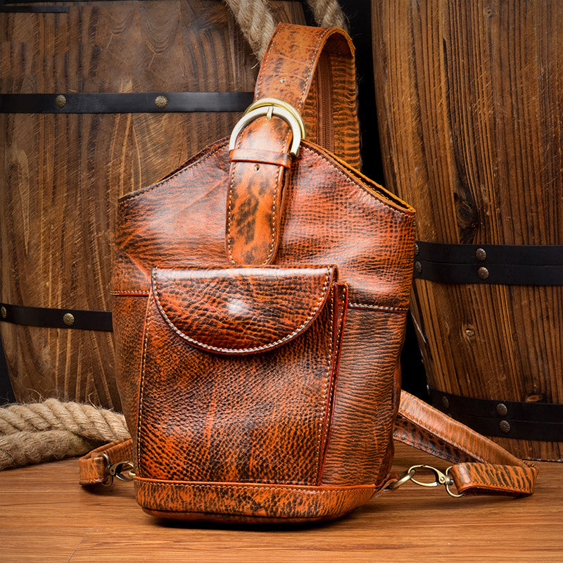 Black Leather Mens Cool Bucket Small Sling Bags Backpack Crossbody Pack Chest Bag for Men - iwalletsmen
