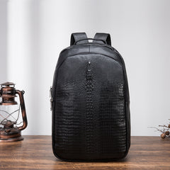 Black Mens Leather College Backpack Laptop Backpack Black Travel Backpack for Men - iwalletsmen