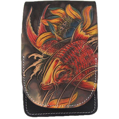 Tooled Carp Handmade Leather Mens Belt Pouch Waist Bag Belt Phone Bag Mobile Bag For Men - iwalletsmen