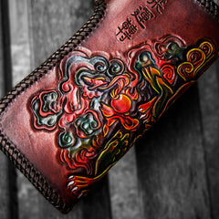 Handmade Leather Chinese Lion Mens Chain Biker Wallet Cool Leather Wallet With Chain Wallets for Men