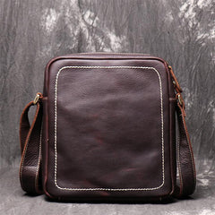 Black Cool Leather 10 inches Small Zipper Messenger Bag Vertical Shoulder Bag Dark Brown Side Bag For Men - iwalletsmen